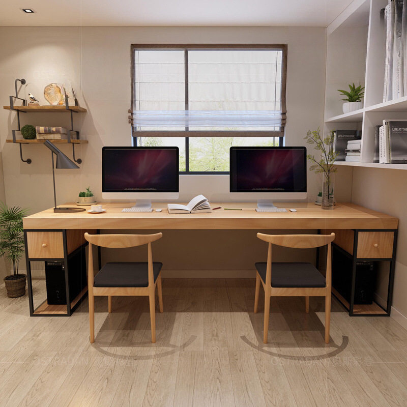 loft实木双人电脑台式桌家用靠墙超大办公桌带抽屉电竞桌长条书桌