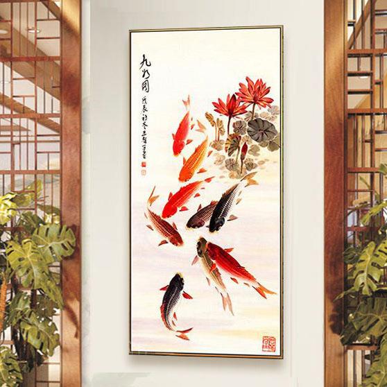 壁客厅装饰画新JKF中式荷花九鱼聚财风水玄招图财画关过道九条鱼