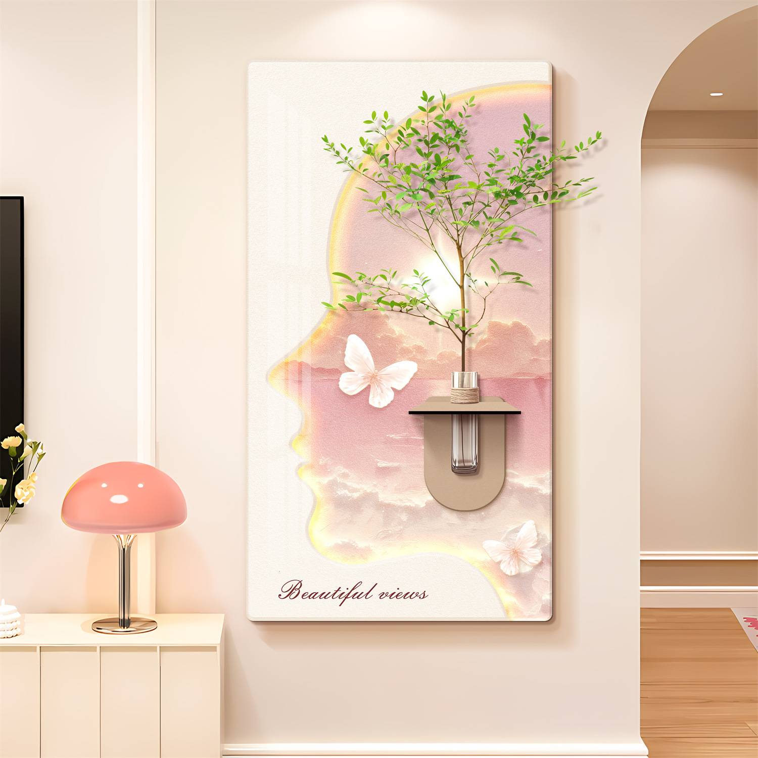 奶油风现代简约立体入户玄关装饰画水培绿植走廊过道晶瓷挂画图片