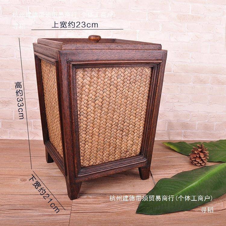 泰国实木收tfgsdfgj有纳桶复古意式创家用盖实木欧竹编垃圾桶