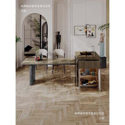 餐VVC厅中岛岩板法圆式切菜桌现民宿厨房一代体可伸缩台实木椭形