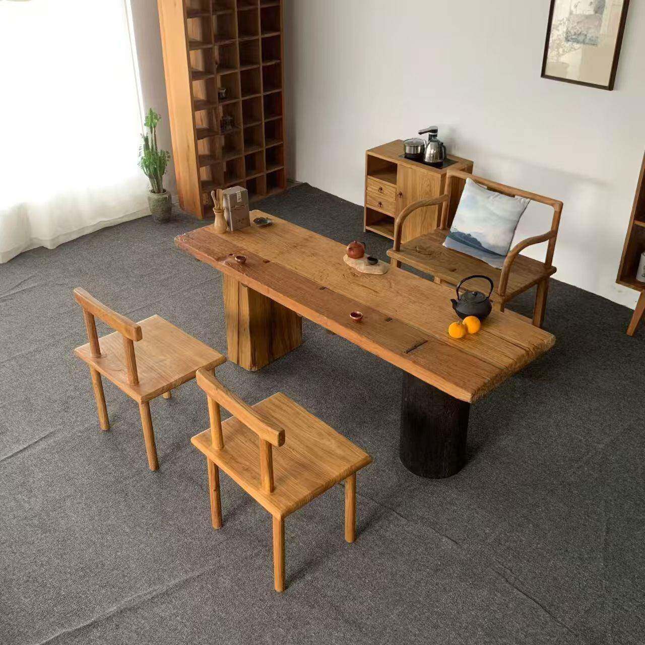 实木桌门板民宿怀旧老榆木长桌复古吧台茶桌风化公纹JHJ理中式办