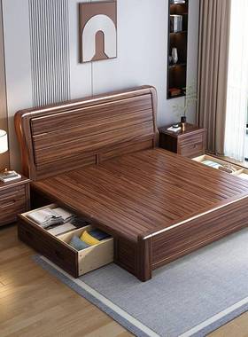 新中式EHO木床主卧1.8米气压双人床紫金檀木加.厚头1实5米储床物