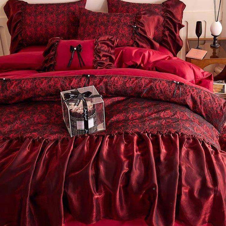 全红提花玫瑰复古绒结婚庆四件套长棉棉贡1026005缎被套酒公主风