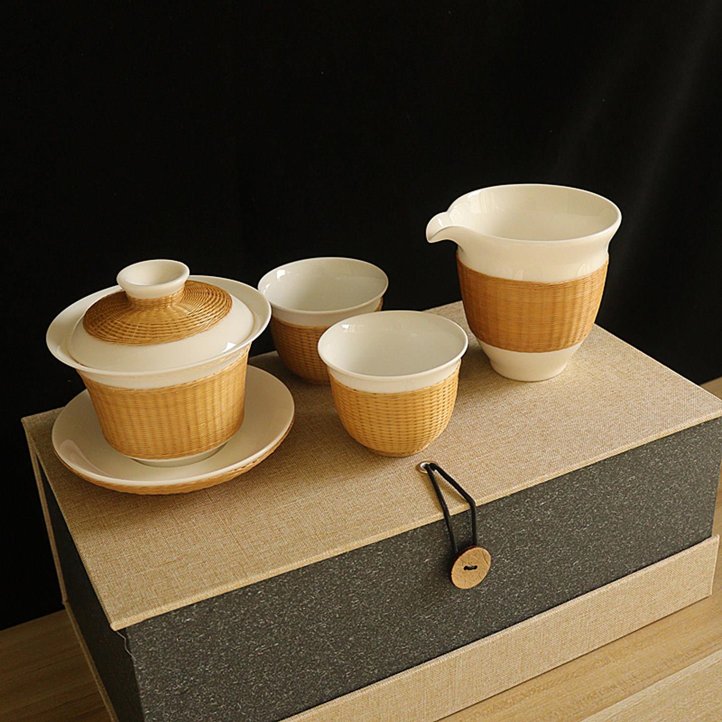 非遗瓷胎竹编茶具四川成都特色礼物手工竹丝扣瓷杯子三才盖碗茶杯