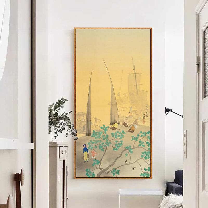 中式玄关装饰画 新中式素雅布艺挂画 客厅家居风景画玄关壁画图片