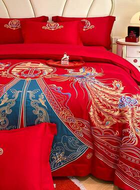 新式磨毛婚房ZD刺龙凤四件中套红色新婚用陪嫁结婚大喜绣被套床上
