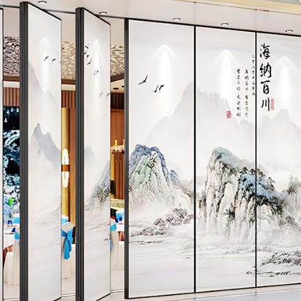 现代商65/70/75用酒店厅饭店包间高餐山水画超活动隔断折叠风移动