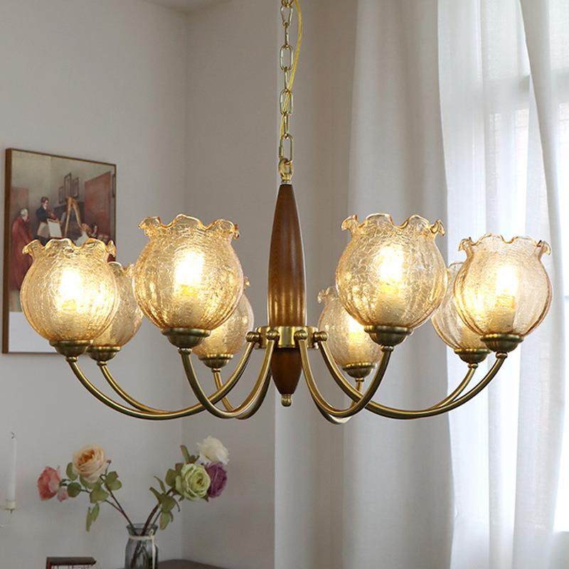 中古客厅吊灯创意实木厅卧室灯日式古180铜美式民餐宿色花朵玻璃