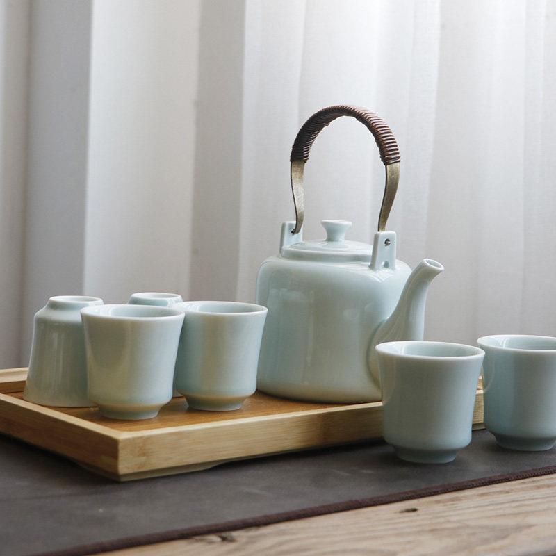 影青瓷高端提梁茶具套装家用陶瓷茶壶茶杯整套景德镇大号现代简约