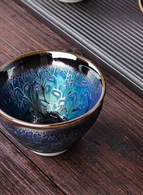 建阳铁胎薄胎蓝色妖姬天地盖碗建盏纯手工建窑名家三才盖碗