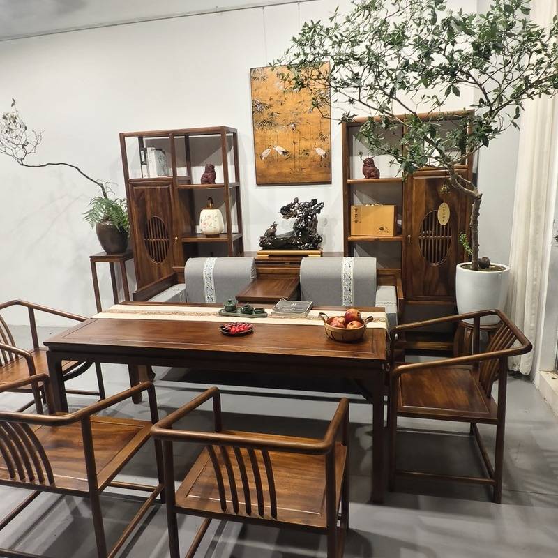 实木胡桃木茶桌六件套去客厅化样板间茶室休闲马蹄桌