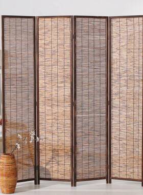 2I新实木芦苇屏风隔断墙式客厅叠OQB移动复古做旧酒店餐中厅玄折