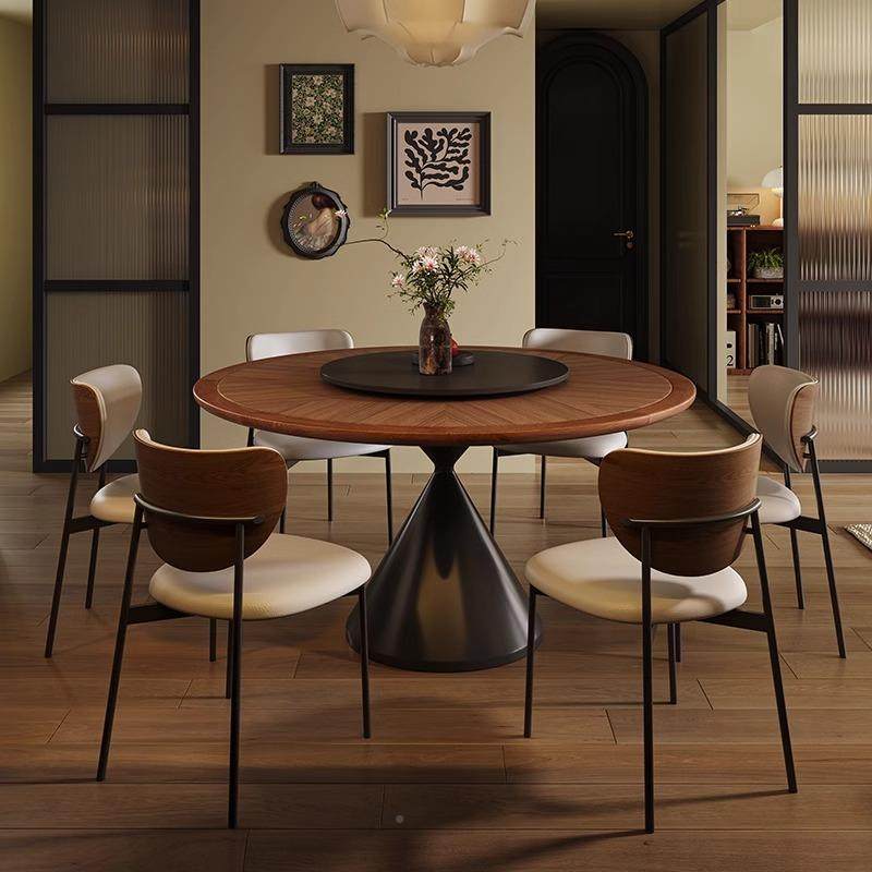 带圆形古风奶油饭桌岩板MUH餐桌中转古纹实理家用木圆桌盘法式复