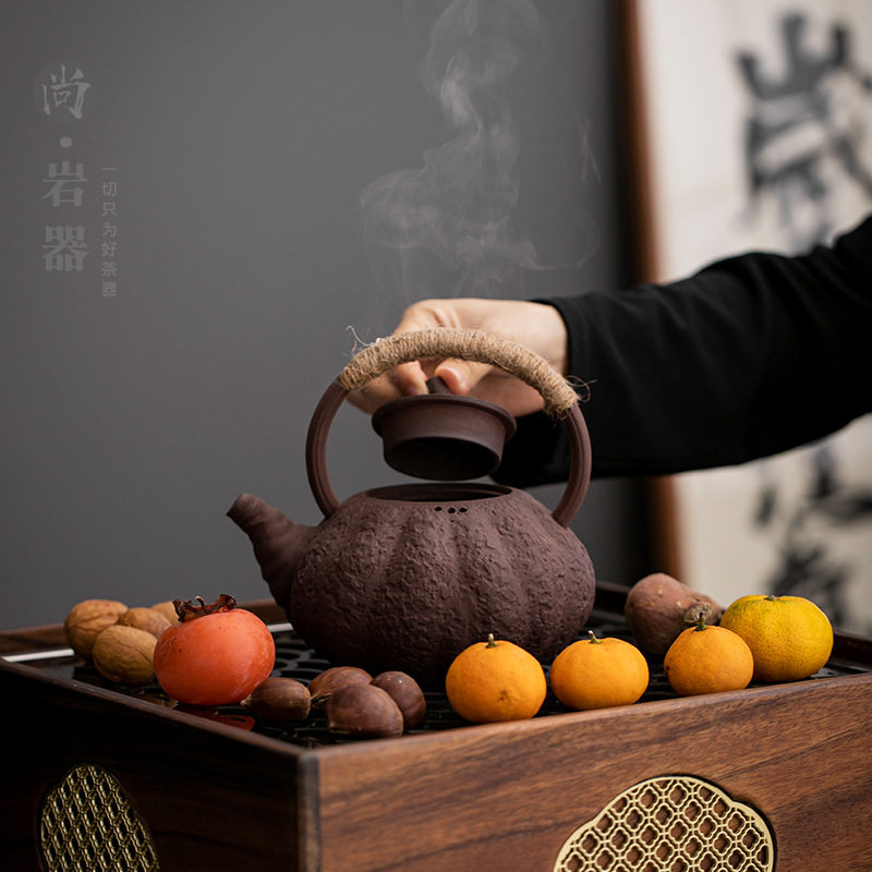 复古粗陶茶壶创意南瓜提梁壶大号煮茶壶家用户外炭火围炉煮茶器