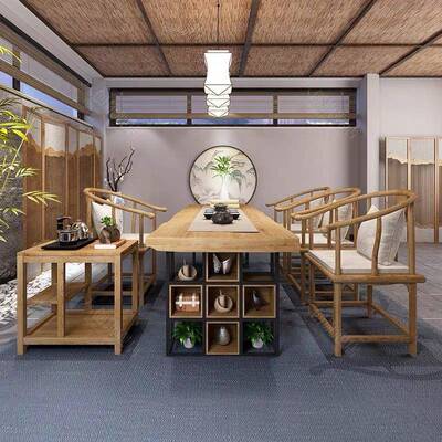 桌中式实木茶桌家用收纳格子新VOL洽谈泡茶桌休息室会可客茶椅组