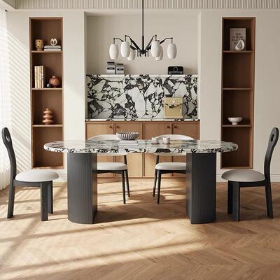 大理岛石餐桌椭圆形台半42422餐古长方形中风复古餐桌椅组合岩板