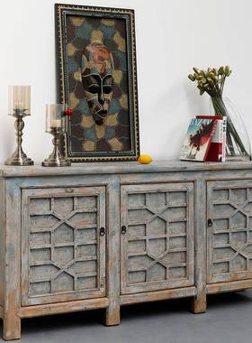 古朴实木三物门餐柜复边古中做旧松木储电视柜玄关收纳整93027式