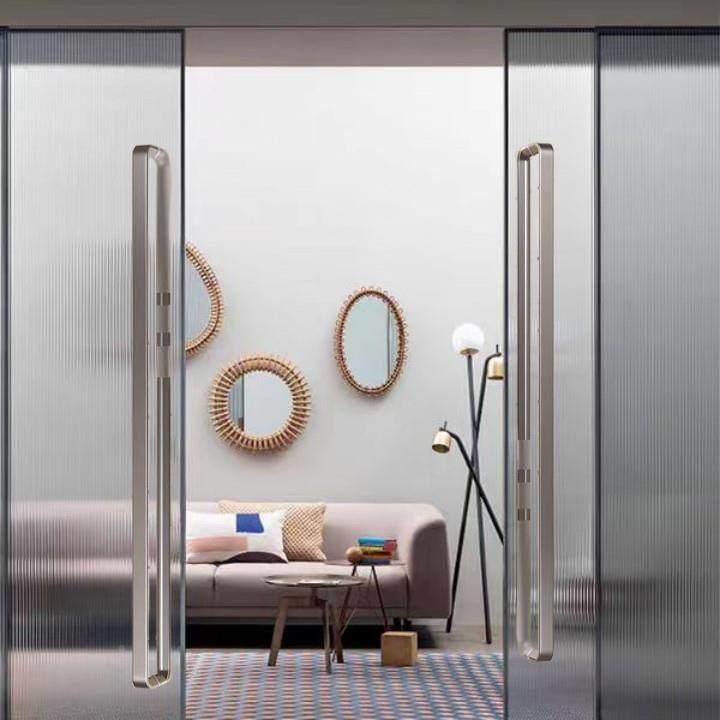 简约高FNK档璃门双开大拉门不锈手钢三角形方管黑色玻拉丝实心大