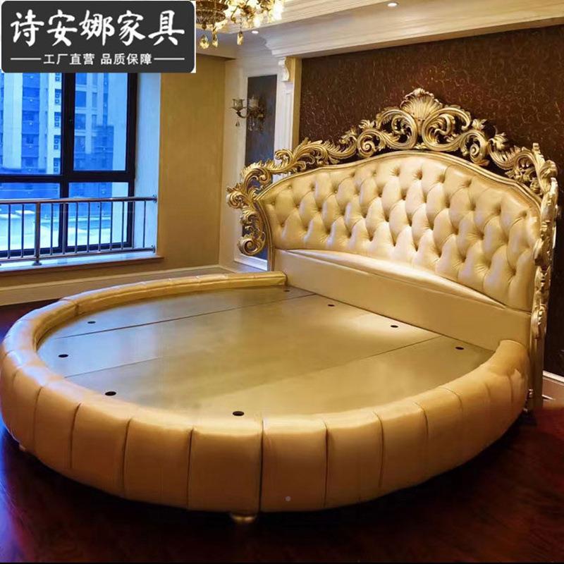 欧式双人床漫床法式别墅浪实木主卧65012圆形古婚新典皮艺大圆床