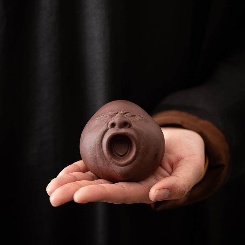 DPM宜兴原矿砂茶宠打哈人头像茶桌欠摆件可养意搞怪创表情茶道紫