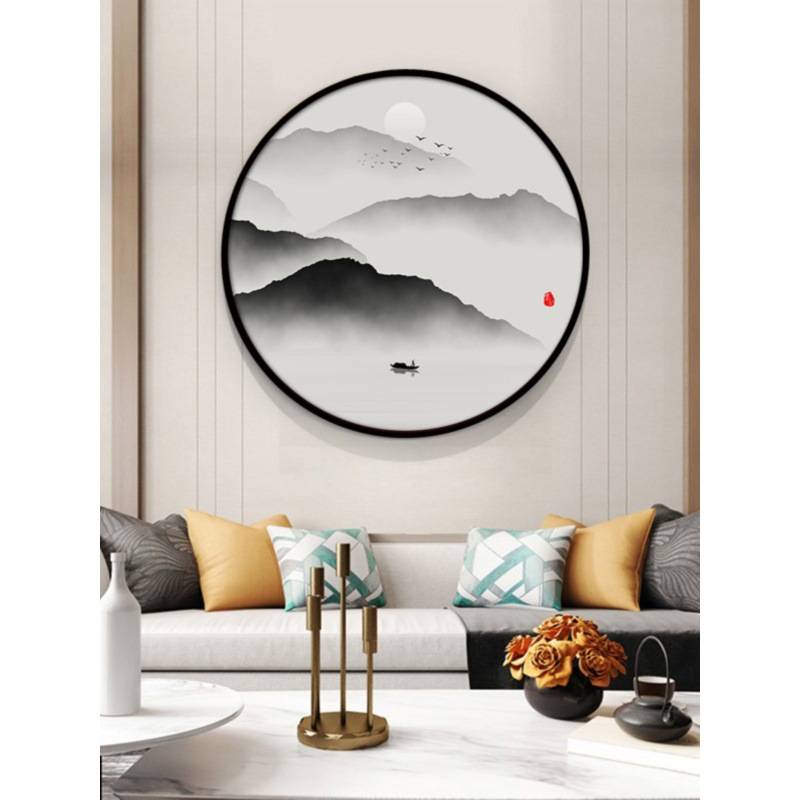玄关装饰画新中式挂画圆形山水画水墨风水国画禅意中国风客厅壁画图片