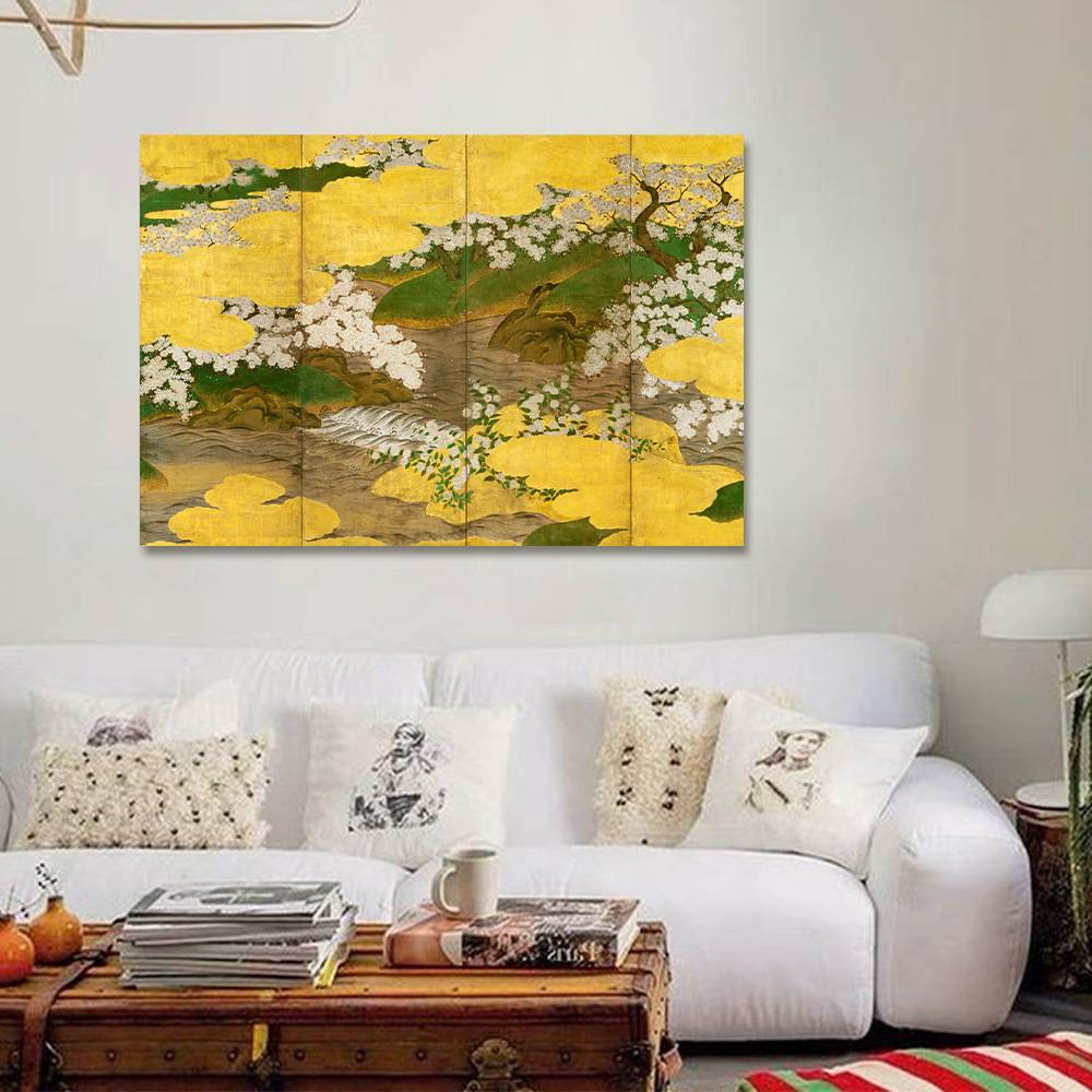 新中式客厅装饰画东方大宅日式流水屏风大幅横版无框画图片