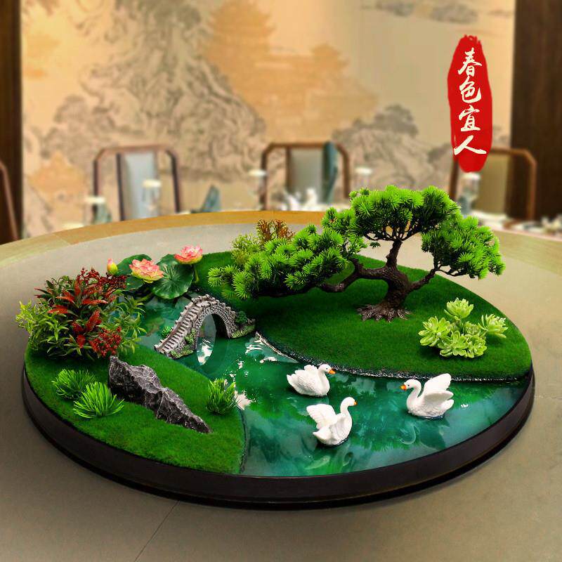 酒店餐桌中间摆件大圆圆桌转盘装假饰花微景观桌面形中意式创TAkJ