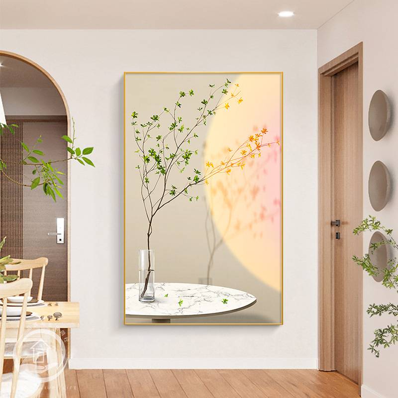 现代小清新玄关装饰画客厅光影植物氛围感壁画走廊过道竖版挂画图片