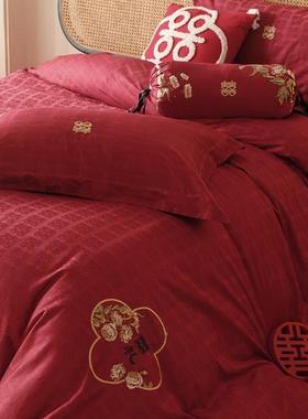 100长绒棉全四棉婚庆件提花套喜字刺绣纯棉OKQ被套S结婚喜庆床品
