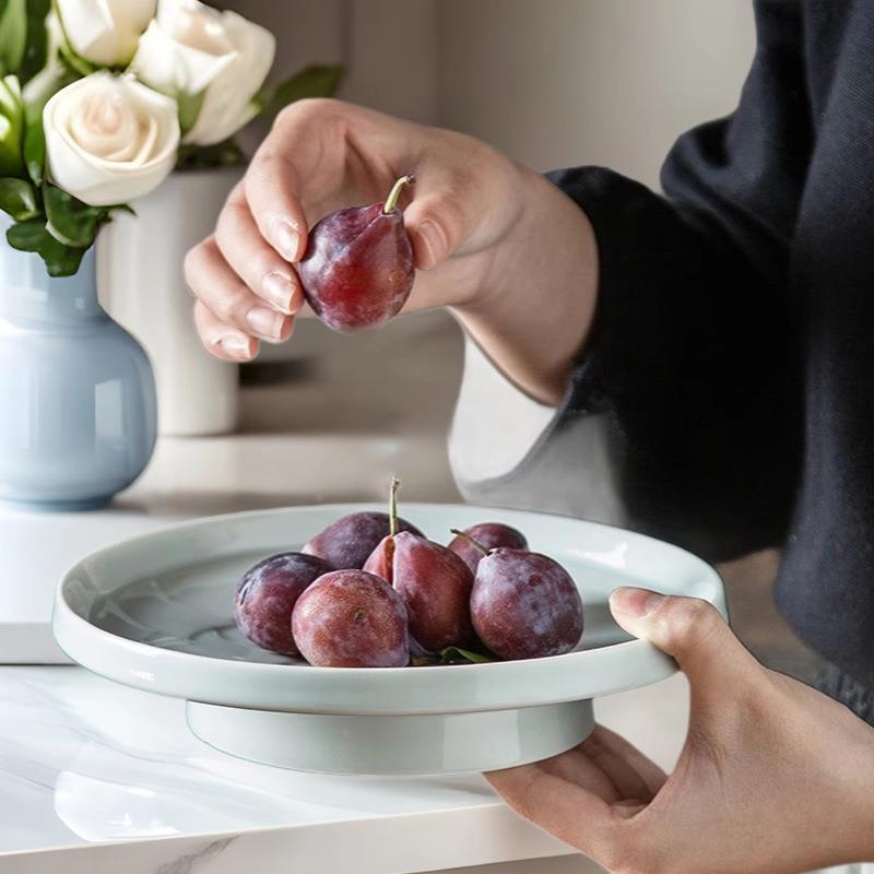 青茶陶瓷高脚果盘瓷简家用客wr0012厅酒店茶几约中式点盘水果干果