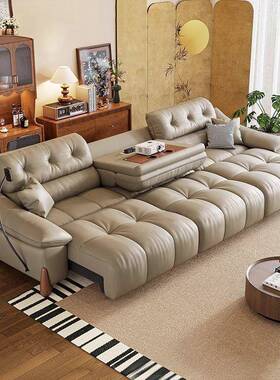 奶油风墙客厅功智能多能直排电动沙发床两用零可伸靠缩XMK沙发木