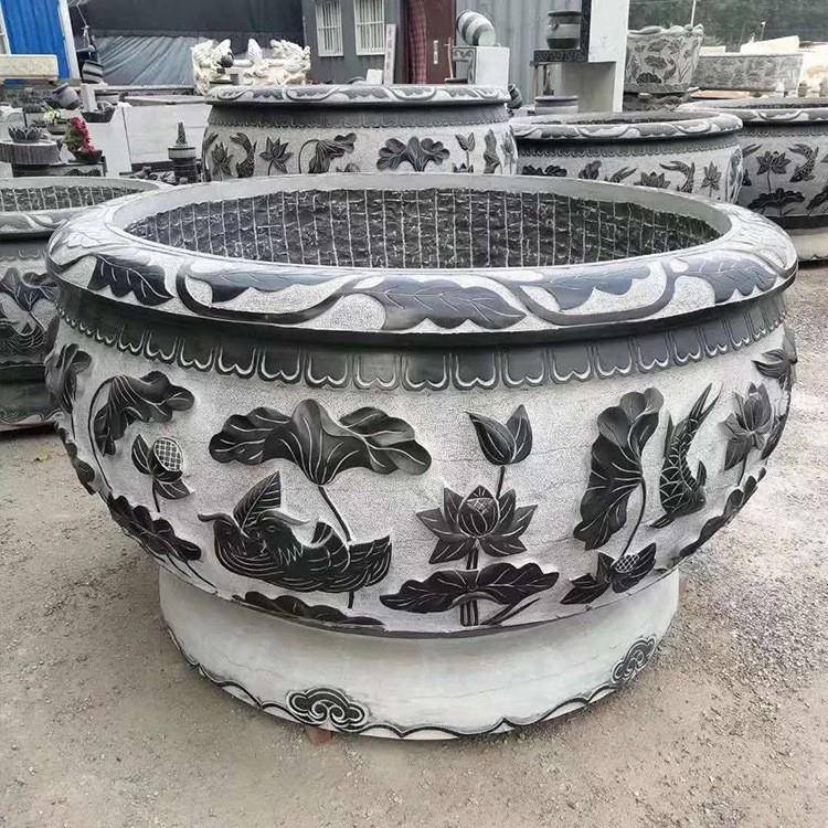 荷花石缸YAT雕塑盆鱼缸庭院石仿石雕花盆福字古做旧荷花花鱼青缸