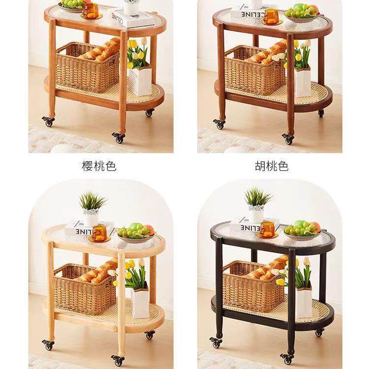 日式10161可移物动边边几实木柜几玻璃带茶轮小推车藤编置架阳台