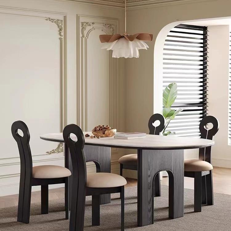 实木法式复古餐桌白PY-22蜡木桌石岩餐板椅胡桃色家用椭圆形餐桌