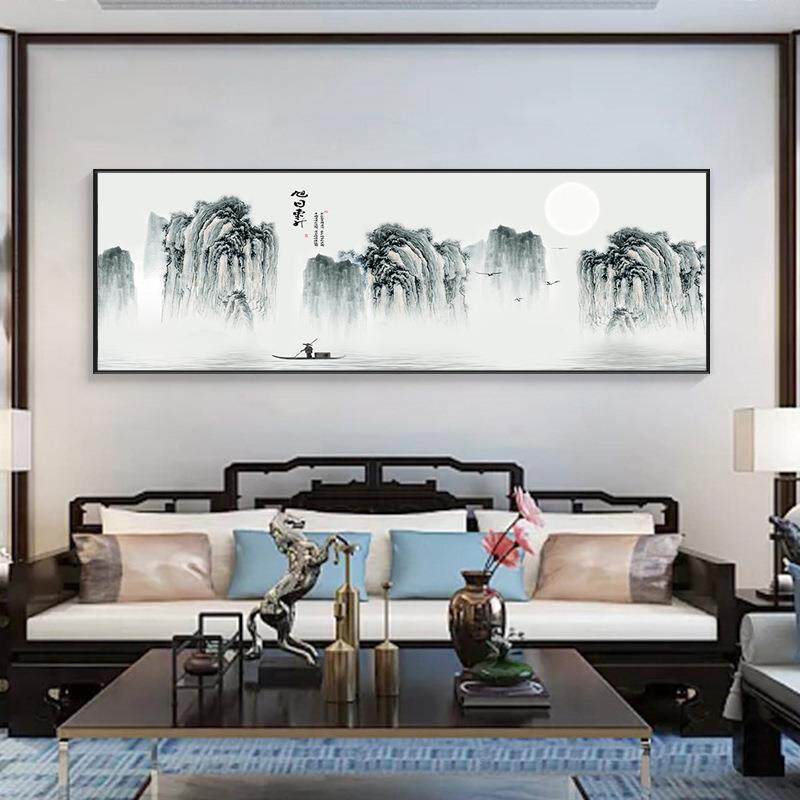 新中式现代艺水墨水床SIO头画客厅装画横版挂画抽象山画饰酒店术