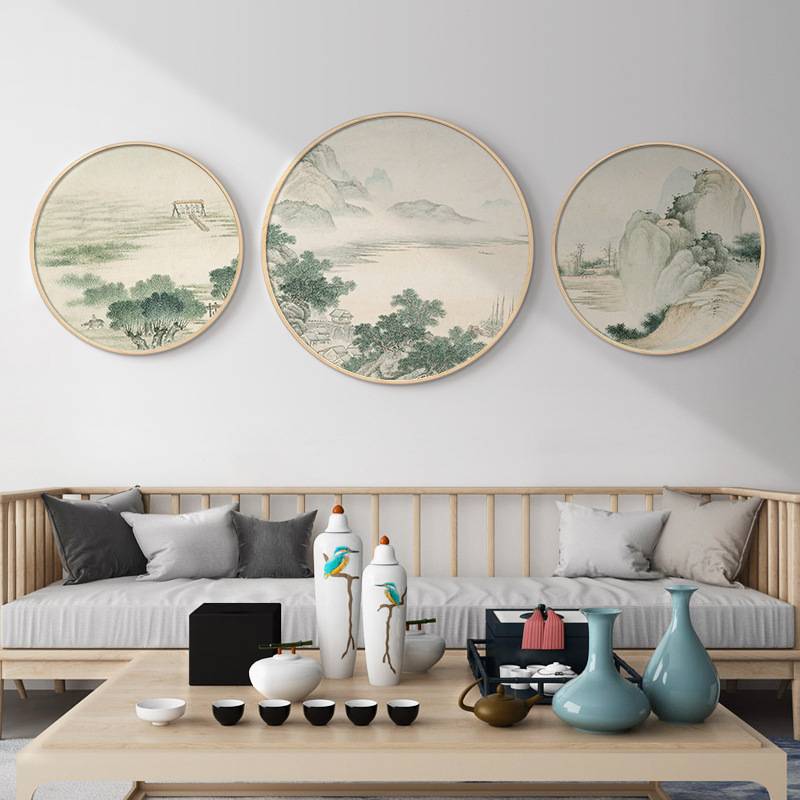新中式装饰画客厅实木圆形挂画餐厅玄关过道书房水墨山水壁画国画图片