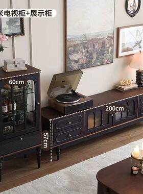 式实木古茶几客纳厅电视柜黑色落地法美式储物柜网红ISE收新复款