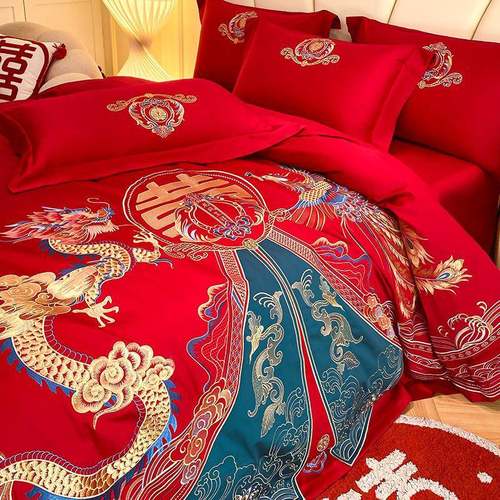 新ZD中式磨毛婚房刺绣龙色四件套红新婚陪嫁婚大喜被套床凤结上用