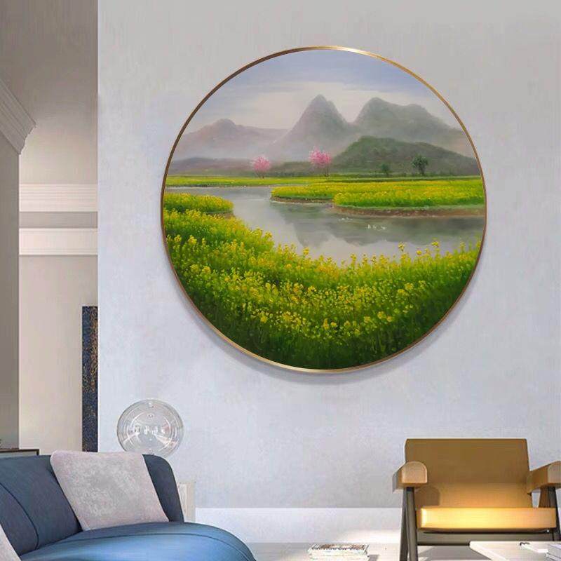 纯手绘油画关圆形风景装画手工绘玄制饰油花春天景色GNB菜成品圆