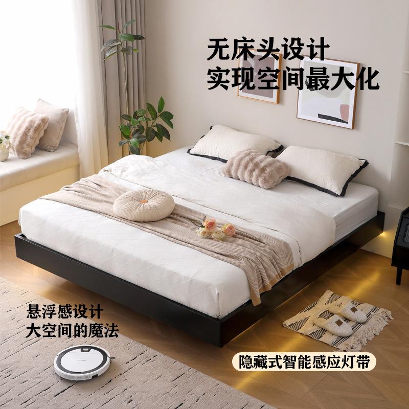 实GRF木无头悬浮高箱气落地物床红橡压木1米8床储架床双人卧室榻