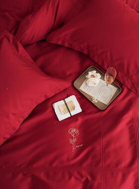 B9K轻奢1婚00支棉婚庆四件套简玫瑰刺绣纯棉799结全大K红色被套