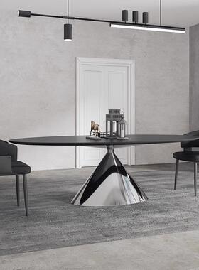 飞岩碟桌板餐桌意式极简椭WTL形高端家用圆饭纯黑色餐桌椅组合