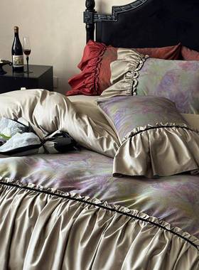 法复棉15492古轻奢长绒棉染数码印花褶皱式花边纯四件套晕床品