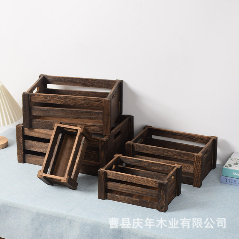 现货实木收纳筐长方形木条箱整理筐超市水果蔬菜陈列筐做旧收纳框