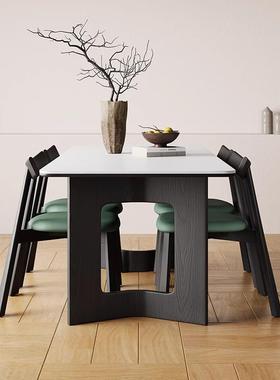 风实木餐桌纯白岩板35271餐桌中古约白蜡木复古色纯实木黑简桌腿