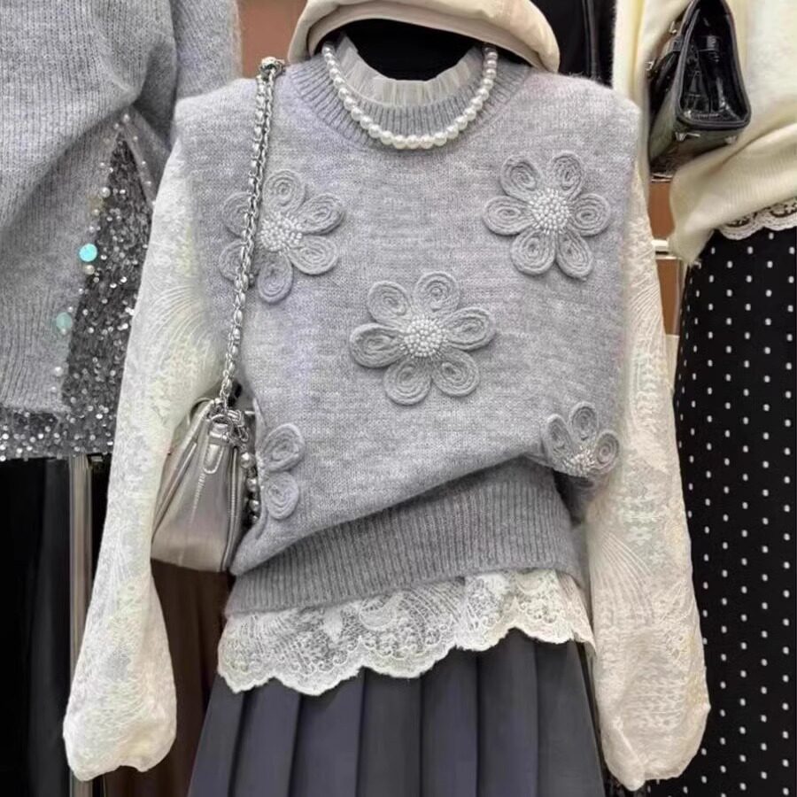 法式重工花朵毛衣外套女春季新款小个子短款软糯灰色针织上衣