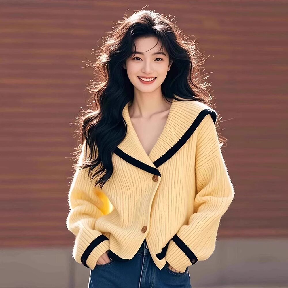黄色海军V领宽松长袖开衫针织外搭毛衣女2025春秋新款慵懒风上衣