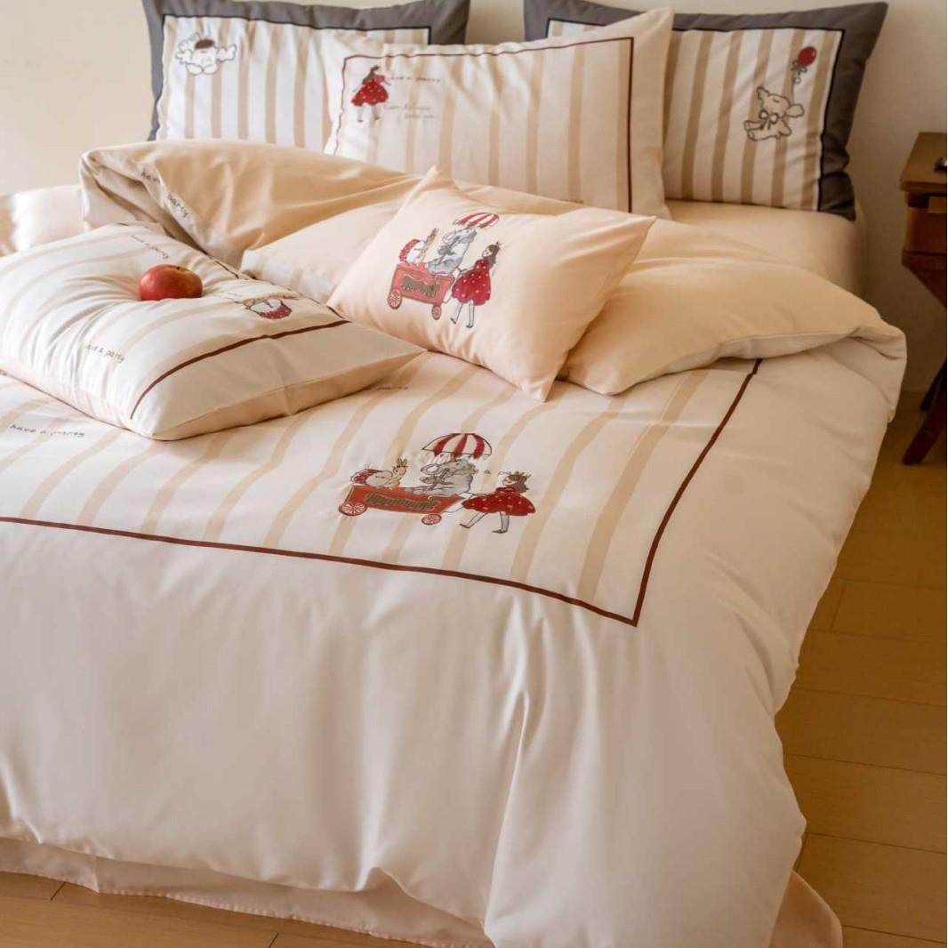 贡缎长绒绣棉棉四套件可爱卡通数码印HDEC花刺全纯棉床上被套床单
