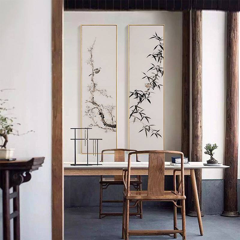 新中式原木玻璃装饰画四联画餐厅茶楼办公室书法挂画水墨梅兰竹菊图片